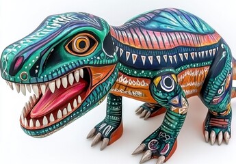 Intricately Painted Wooden Dinosaur Alebrije Sculpture on a White Background