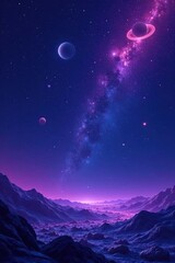 A Serene Purple Alien Landscape Under a Starry Sky with Visible Planets and a Galaxy