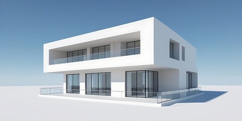 Modern minimalist white building with large glass windows and clean geometric design, featuring a bright blue sky backdrop, showcasing contemporary architecture and urban aesthetics

