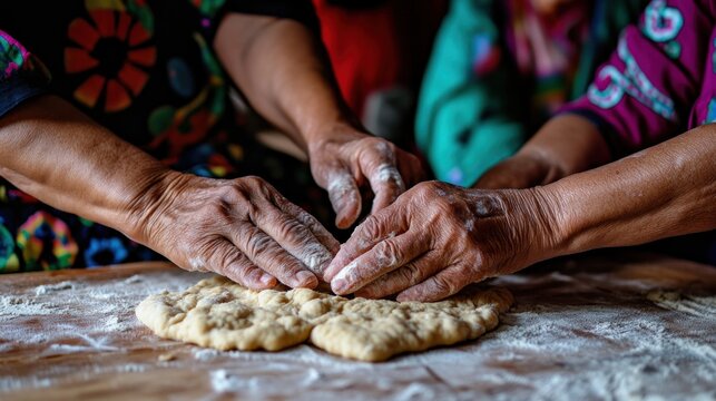 Two women's hands kneading dough together on a wooden table.