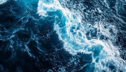 Fototapeta premium Ocean waves crashing, deep blue sea, top view, powerful currents