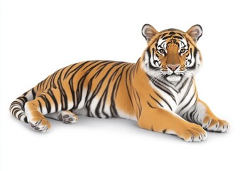 Obraz premium Majestic Bengal Tiger Lying Alert On White Background In Striking Studio Shot