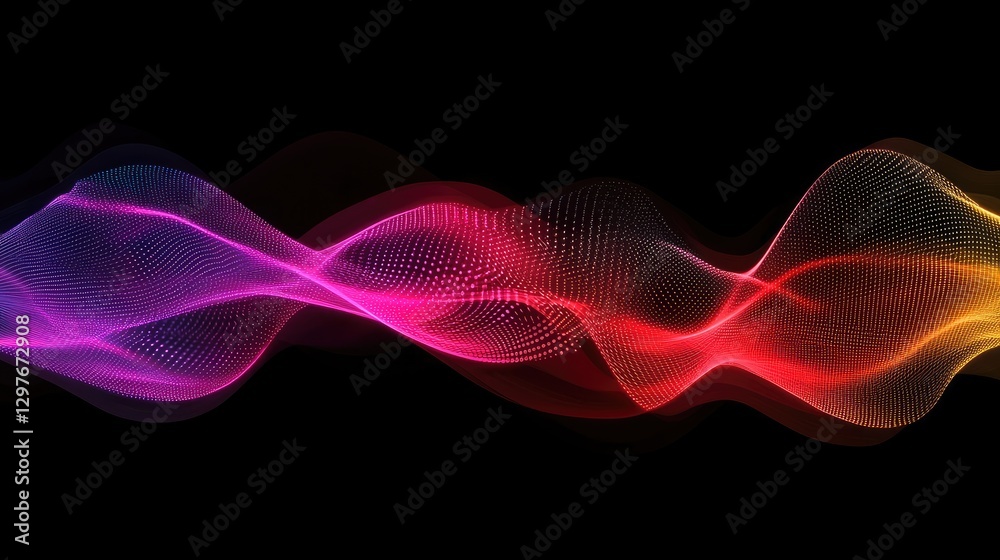 Poster abstract wave of glowing pink, red, and orange particles flowing in dark space, symbolizing futurist