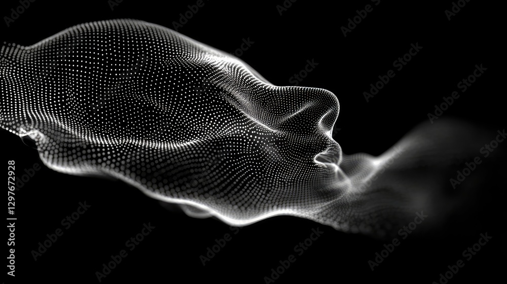 Poster abstract digital face formed by flowing white dots on a black background, representing artificial in