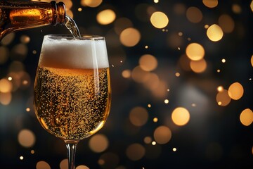 Golden beer pouring into a glass with bubbles and foam against a warm bokeh background, creating a refined and celebratory mood. Ideal for party, bar, and festive promotions