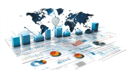 A global finance network with interconnected data points and business charts floating in the background