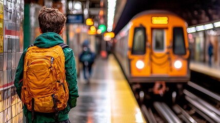 Obraz premium A person waits at a subway platform as an orange train approaches, creating a vibrant urban scene filled with anticipation.