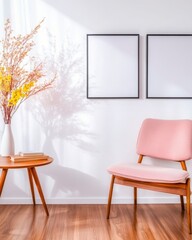 Fototapeta premium Cozy interior with pink chair and decorative flower vase