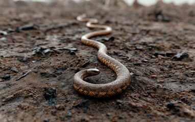 Brown snake slithering in dirt habitat under natural light