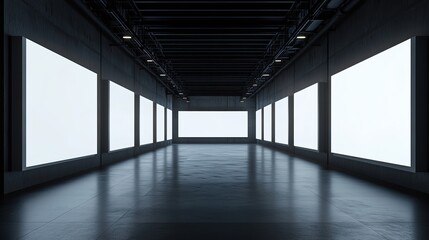 Bright vertical blank white screens in dark exhibition hall with modern design concept and clean illuminated panels. 3D Rendering, 8k image