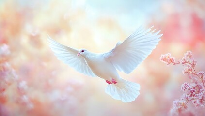 Fototapeta premium White Dove in Flight Amidst Pastel Spring Blossoms