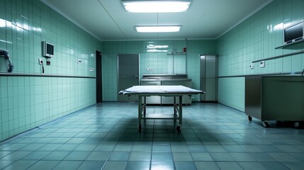 A sterile, empty room with green tiled walls and a central table, likely used for medical or anatomical purposes.