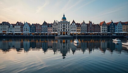 Fototapeta premium scenic waterfront cityscape with colorful historic buildings reflected in calm water at dusk