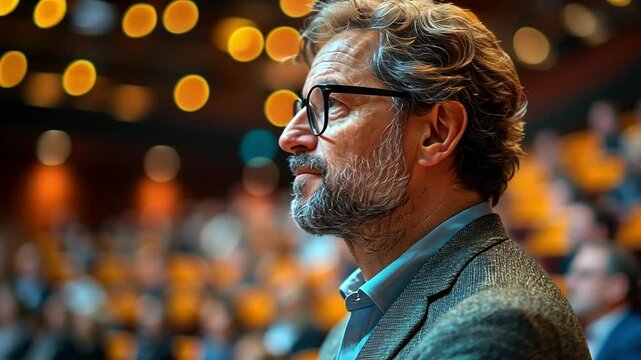 Inspiring Leadership: A seasoned speaker with glasses captivating a diverse audience in a grand auditorium, embodying knowledge and charisma in this dynamic moment.