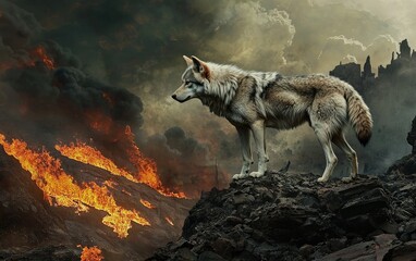 Majestic Wolf Stands Amidst Fiery Landscape and Dark Clouds
