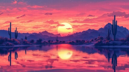 Naklejka premium Serene Desert Sunset with Cacti and Reflective Water Surface