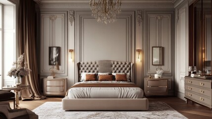 A Parisian-inspired luxury bedroom with a classic upholstered bed, intricate molding, and stylish furniture