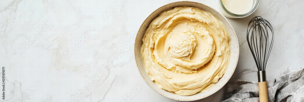Poster Creamy buttercream frosting prepared in a mixing bowl alongside a whisk and milk on a marble counter. Generative AI