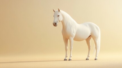 White horse standing calmly on light sand against simple tan background casting shadow