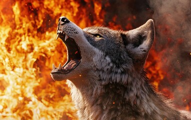 Fierce Coyote Howling in Front of Fiery Flames at Night