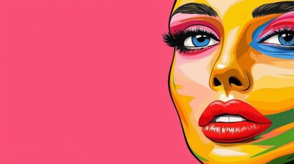Obraz premium Pixelated Portrait Of Young Woman With Bright Makeup Against Pink Backdrop