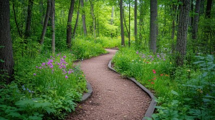 Fototapeta premium Serene forest path winding through lush greenery and vibrant wildflowers in a tranquil woodland setting creating a peaceful and inviting natural landscape