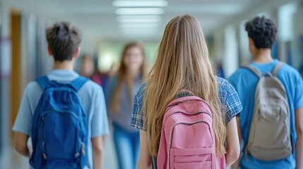 Students walking down school hallway with backpacks and casual clothes in a bright educational environment from behind view