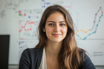 Obraz premium A woman with long brown hair is smiling at the camera