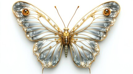 Fototapeta premium Glimmering butterfly art object with gold and silver filigree resting on a clean, bright white background