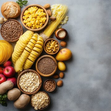 Rustic Still Life Featuring a Variety of Carbohydrates and Nutrients on a Textured Gray Background
