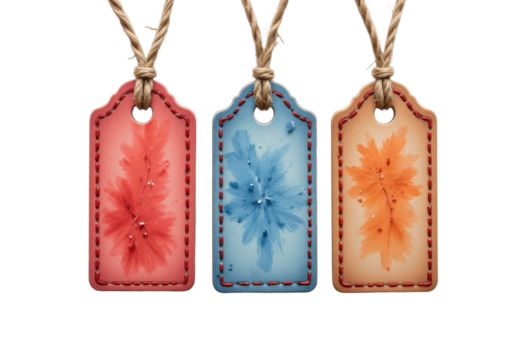 Three Colorful Watercolor Hang Tags on Twine, transparent background