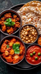 Indian Cuisine Platter Curries, Dal, and Flatbreads