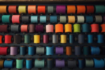 A row of colorful spools of thread are displayed