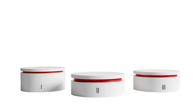 Three white podiums with red trim, numbered for placement with transparent background