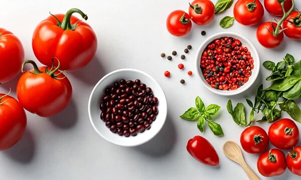 Food flatlay Peppers, tomatoes, basil, garlic, and spices on a white background, top-down view