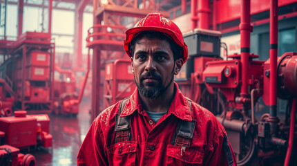 Fototapeta premium A Skilled Worker in a Red Industrial Environment