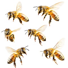 Six honeybees in flight, isolated on white.