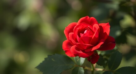 Close-Up of a Vibrant Red Rose Blossom in a Sunlit Garden