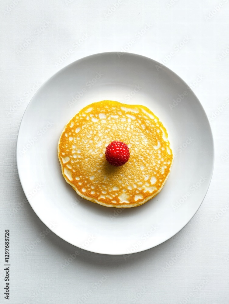 Poster Enjoying a simple pancake topped with a fresh raspberry on a white plate in a cozy kitchen setting. Generative AI