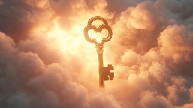 Golden key floats above clouds, illuminated by a sunlit sky, offering access and opportunity