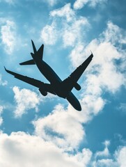 Plane flying against a backdrop of blue sky and white clouds capturing the essence of travel and adventure in the air. Generative AI