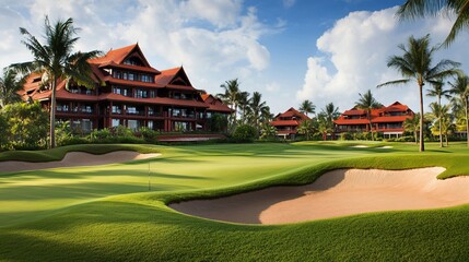 Tropical golf course with luxury resort buildings