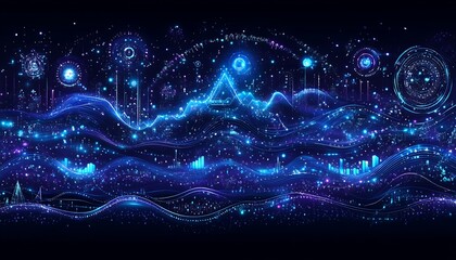 Glowing digital cityscape with data analysis