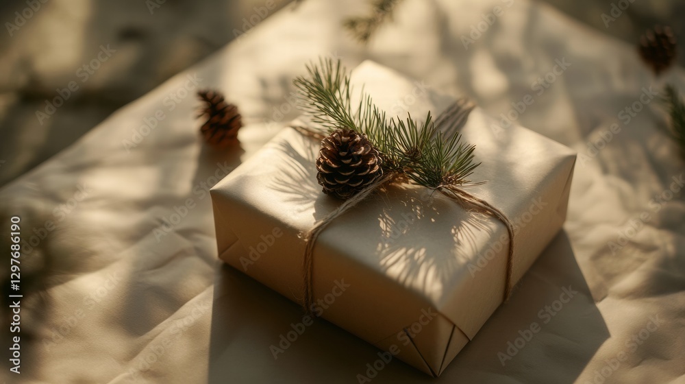 Aufkleber Gift wrapped with natural elements placed on a surface illuminated by soft light during the holiday season. Generative AI