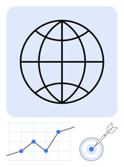 Globe symbolizing global reach, line chart with data points showing growth, and dart hitting bullseye representing goal setting. Ideal for business strategy, analytics, digital marketing