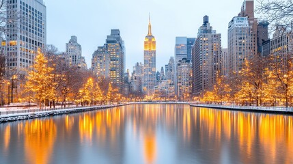 Snowy NYC winter cityscape, illuminated trees, calm water reflection