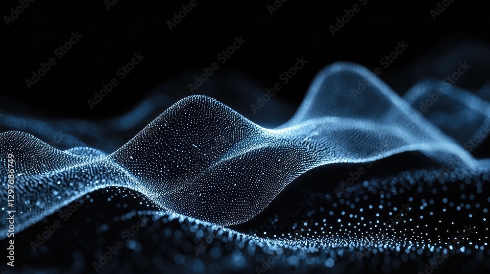 Poster Abstract wave of glowing blue particles flowing in dark space, symbolizing futuristic technology and data visualization. Ideal for AI, big data, and digital innovation themes
