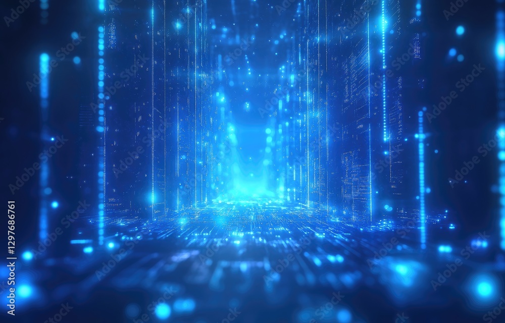 Poster futuristic digital landscape with glowing blue data streams and a cybernetic atmosphere, symbolizing