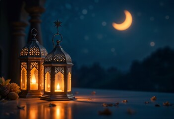 Fototapeta premium Ramadan Mubarak Celebration Golden Star, Crescent, and Traditional Lanterns