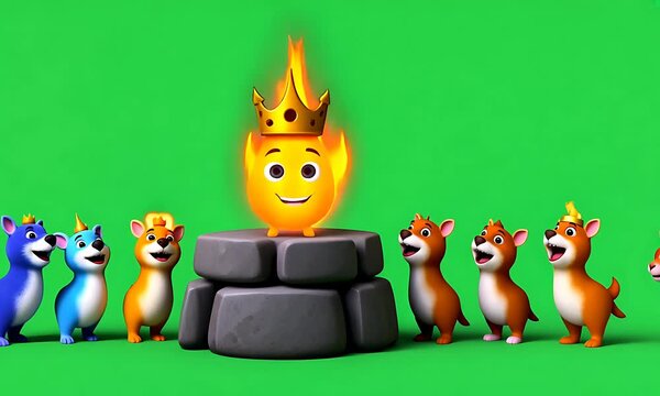 Cartoon fire king on a stone throne, dogs watching, green background